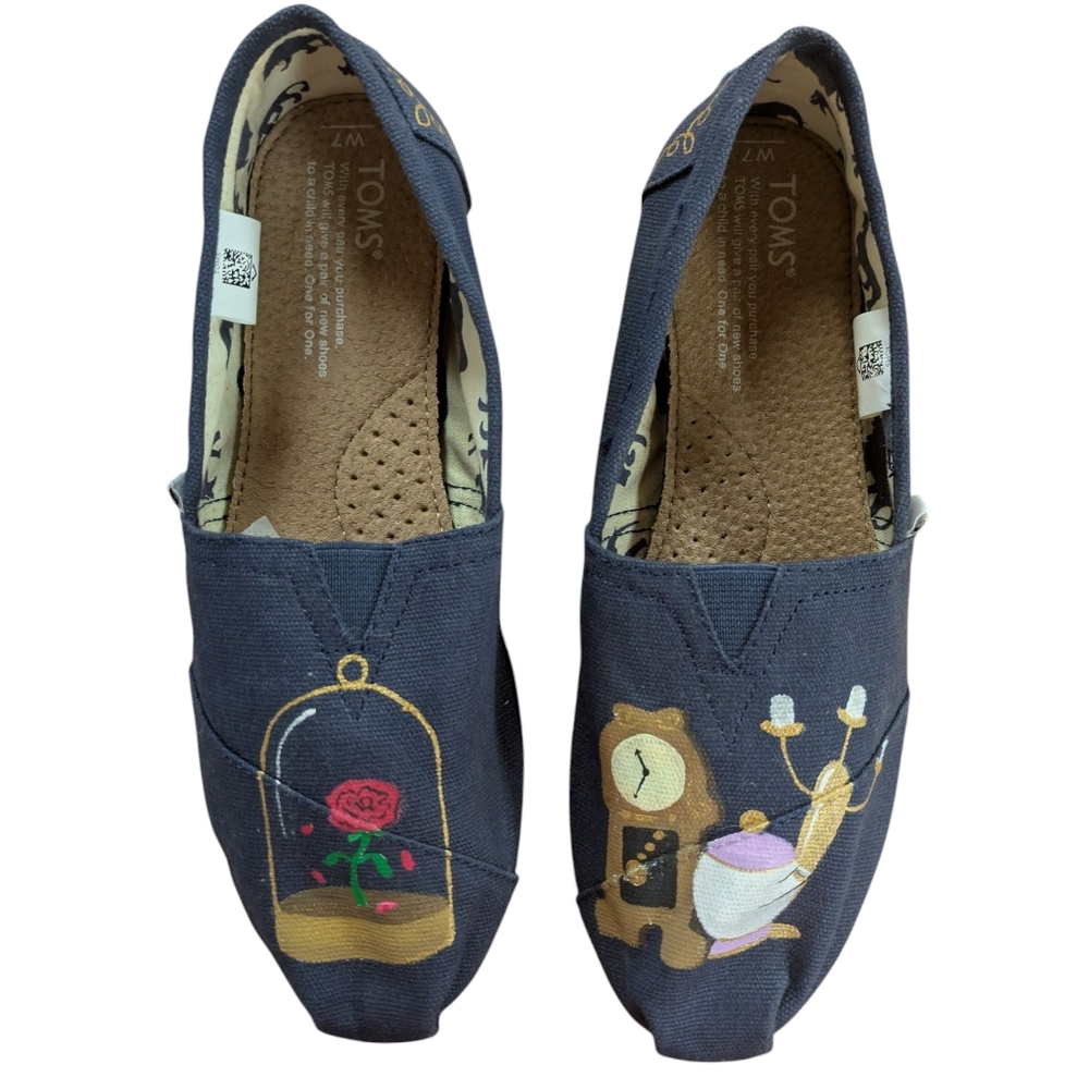 TOMS Custom Hand Painted Beauty and the Beast Navy Flats Size 7 - Picture 9 of 12